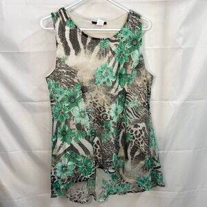 Jennie & Marlis green cream lace lined floral animal print blouse tank stretch L